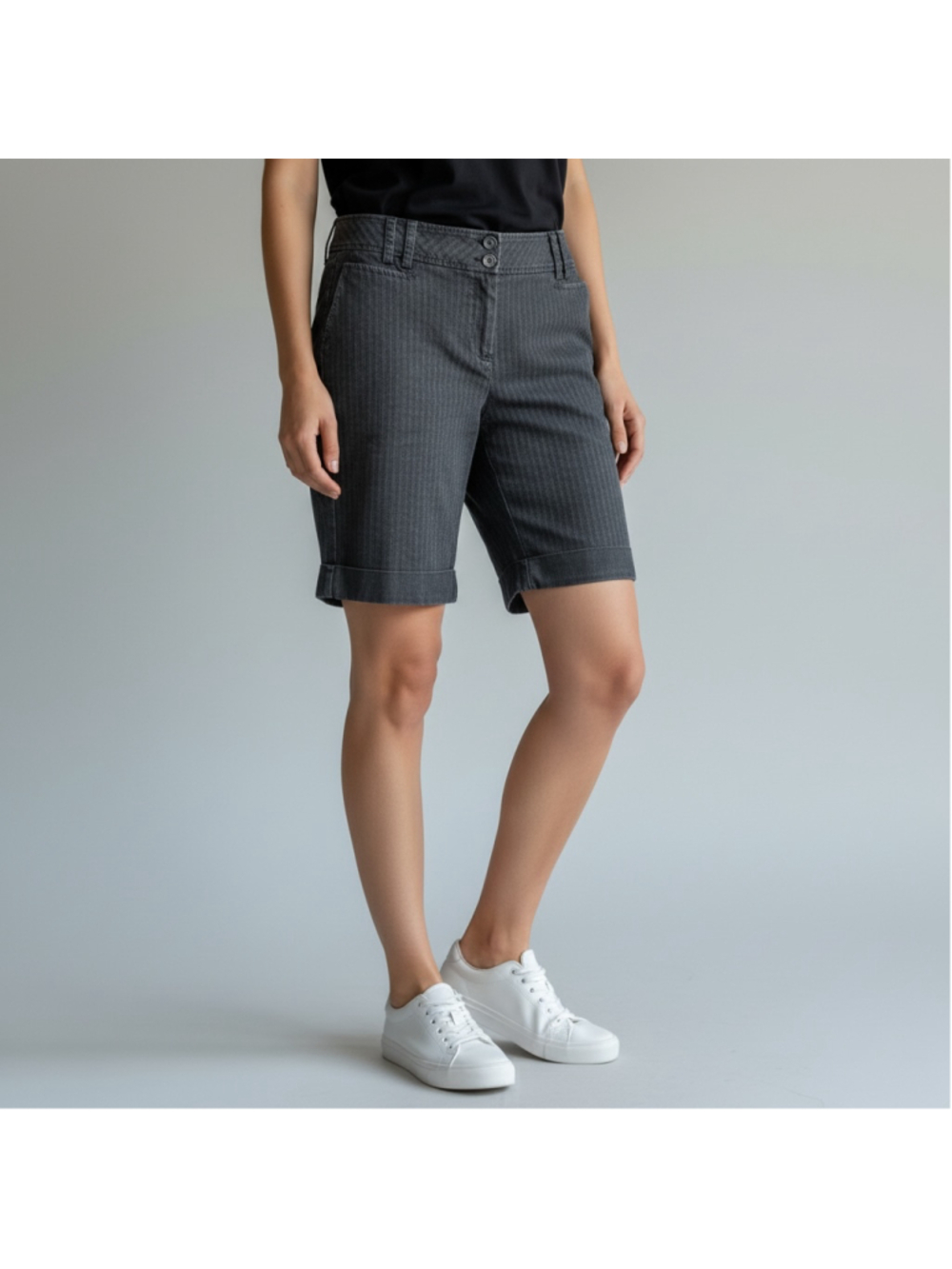 Size 12 Ann Taylor LOFT Black Charcoal Pinstripe Bermuda Shorts Pockets